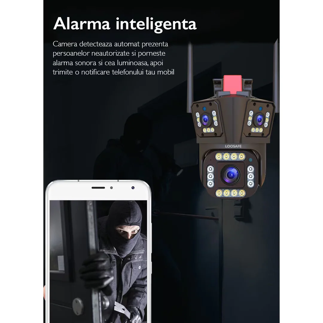 Camera WiFi/4G de Supraveghere Tripla, 12MP, Exterior, Ultra HD, Zoom 5X, Rotativa, Leduri, Microfon + Difuzor, Alarma, Senzor Miscare [11]