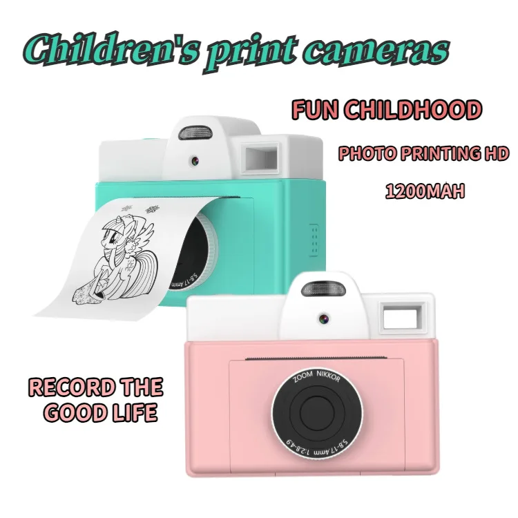 Camera foto digitala pentru copii cu mini imprimanta termica incorporata, HD, Roz/Albastru [7]