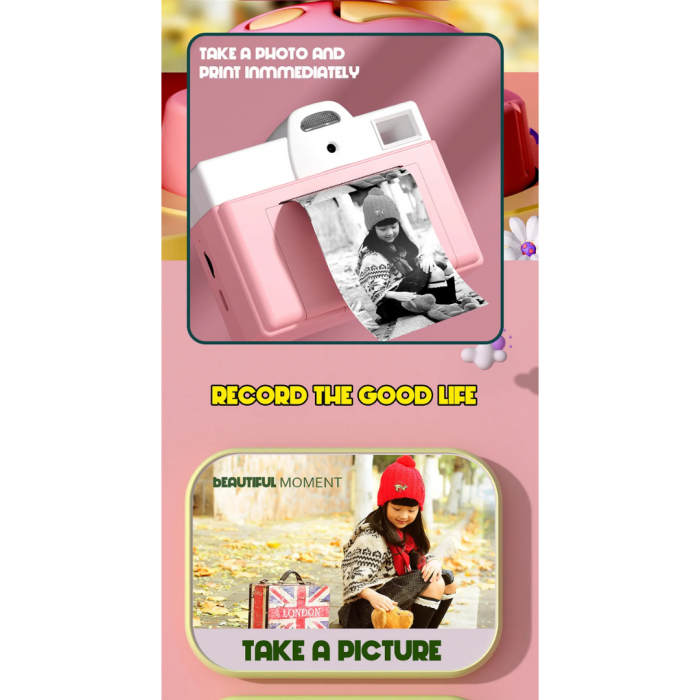 Camera foto digitala pentru copii cu mini imprimanta termica incorporata, HD, Roz/Albastru [4]