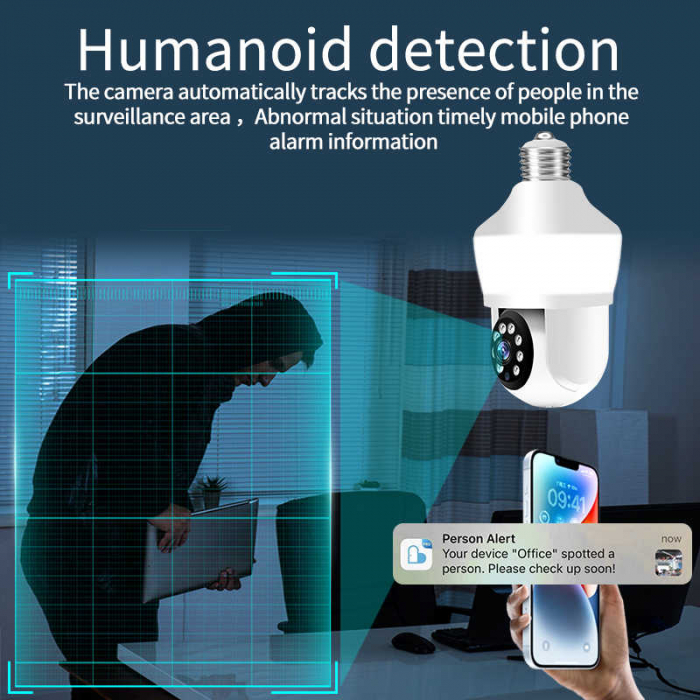 Camera Supraveghere tip bec E27, cu lumina bec led incorporata, Senzor de Miscare, Control din telefon [10]