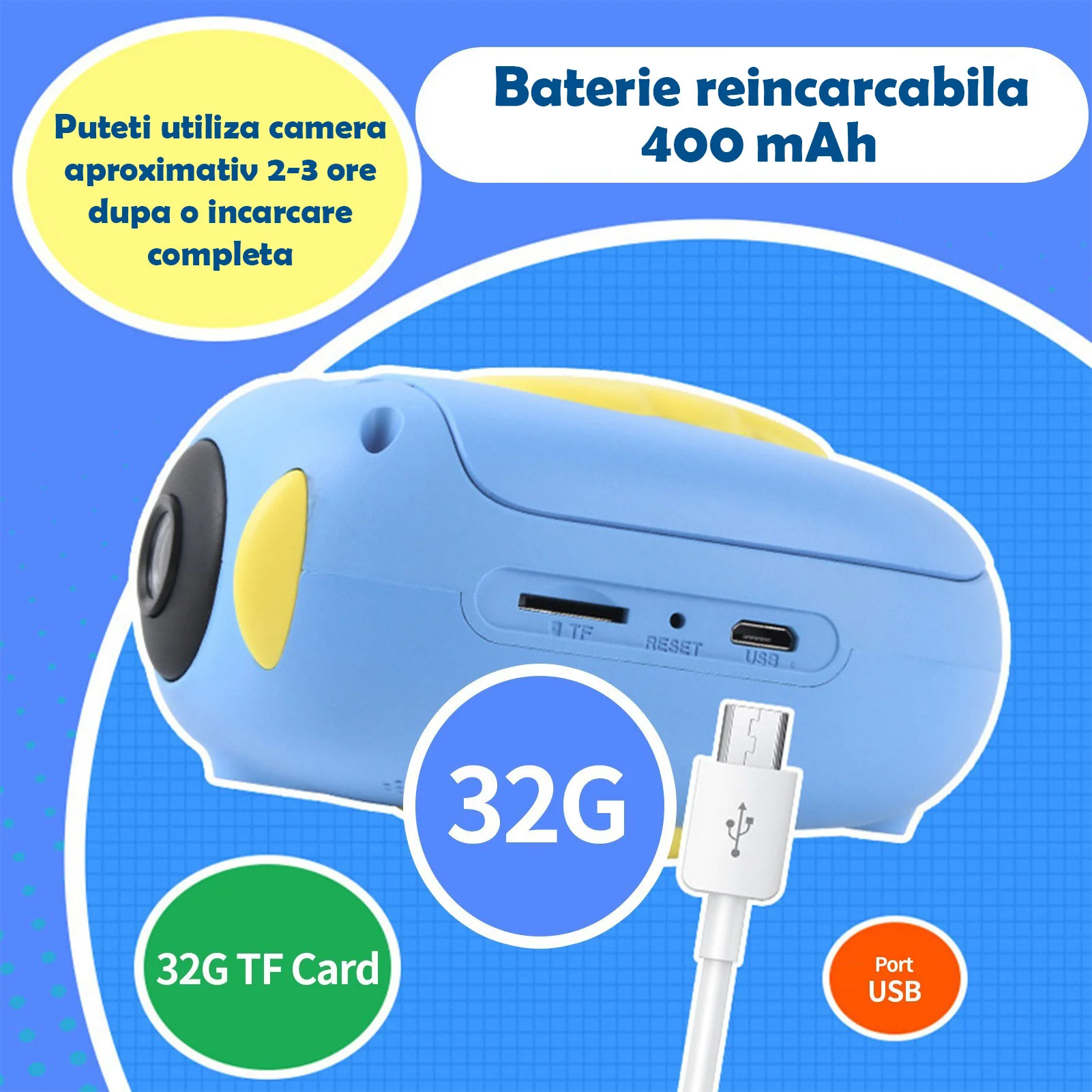 Camera video-foto digitala interactiva cu jocuri pentru copii, full-hd, ecran 2 inch, 1080p, rezistenta la socuri  Galben sau ROZ [9]
