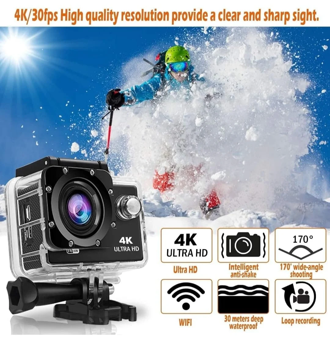 Camera Video Sport 4K 16MP, cu Telecomanda, 30fps, filmari acvatice, + Accesorii [9]