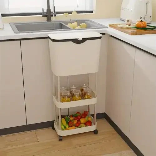 Carucior Multifunctional de Bucatarie cu Cos de Gunoi si 3 Niveluri, Organizator Mobil cu Roti, Rafturi Depozitare, Structura Metalica Rezistenta [9]