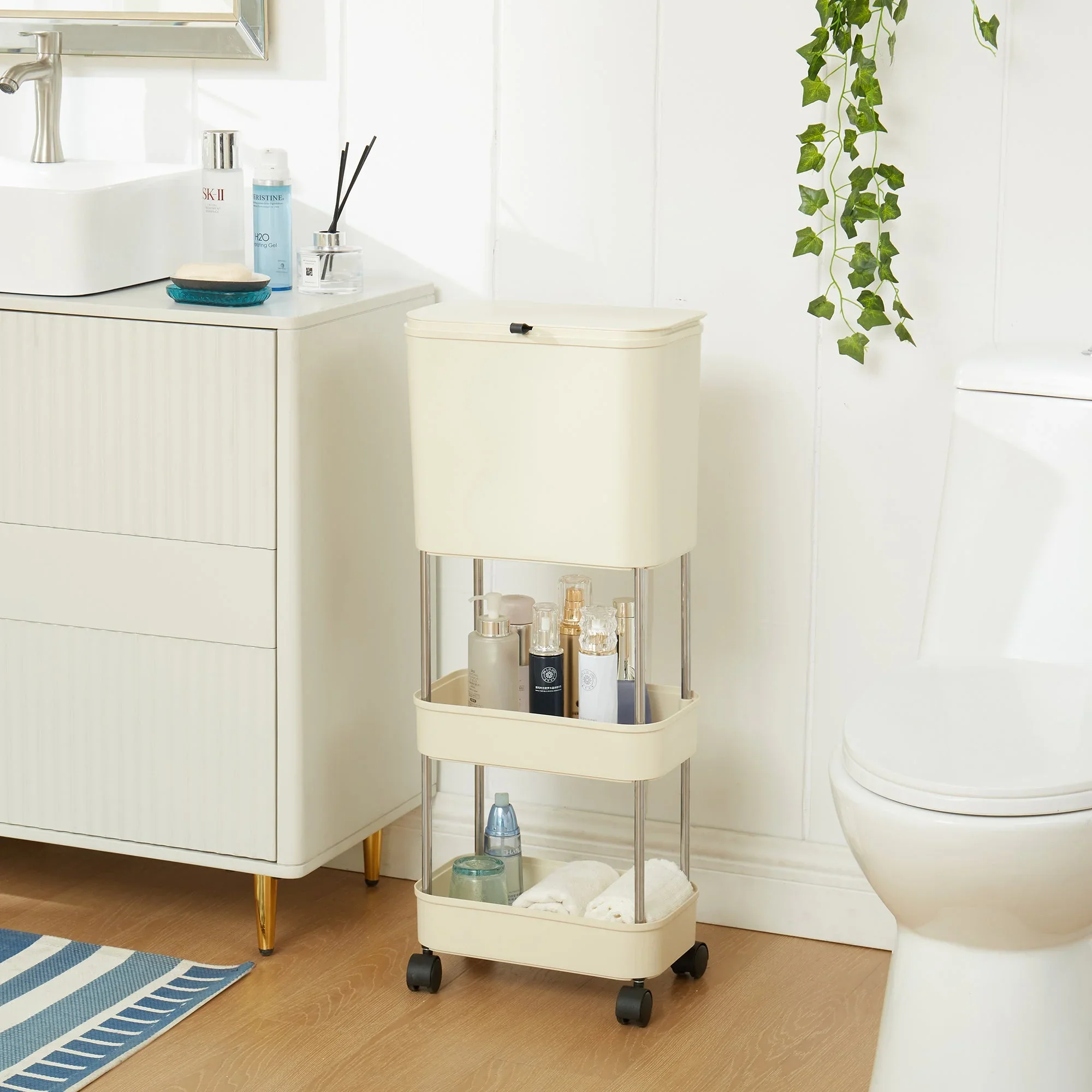 Carucior Multifunctional de Bucatarie cu Cos de Gunoi si 3 Niveluri, Organizator Mobil cu Roti, Rafturi Depozitare, Structura Metalica Rezistenta [8]