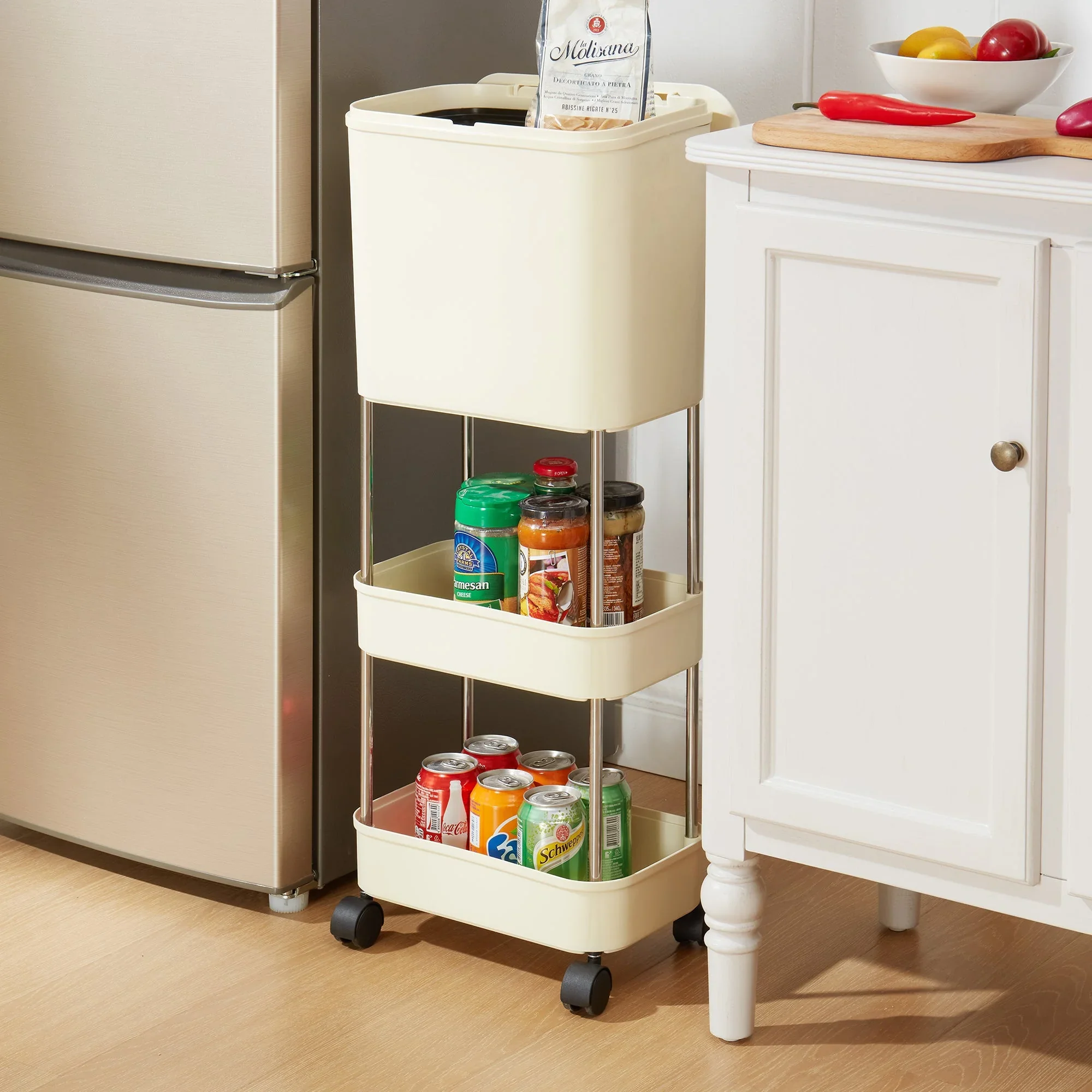 Carucior Multifunctional de Bucatarie cu Cos de Gunoi si 3 Niveluri, Organizator Mobil cu Roti, Rafturi Depozitare, Structura Metalica Rezistenta [11]