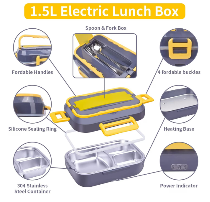 Caserola Electrica pentru Mancare la Pachet, 1.5L, din Inox, Incalzire 220V & 12V-24V, Portabila pentru Masina si Birou [7]
