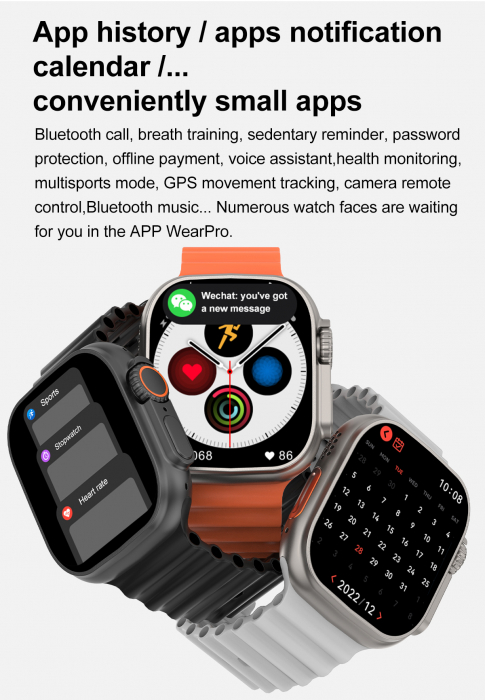 Ceas Inteligent SmartWatch Ultra PLUS, Apel Bluetooth, Incarcator Wireless, metal, Notificari Apel si Retele Sociale, Oximetru, Ritm Cardiac si Tensiune Arteriala, Termometru, Monitorizare somn, 105 M [5]