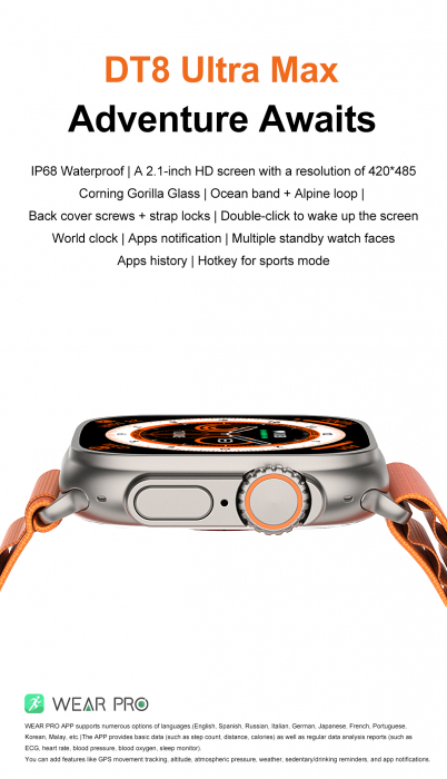 Ceas Inteligent SmartWatch Ultra PLUS, Apel Bluetooth, Incarcator Wireless, metal, Notificari Apel si Retele Sociale, Oximetru, Ritm Cardiac si Tensiune Arteriala, Termometru, Monitorizare somn, 105 M [16]