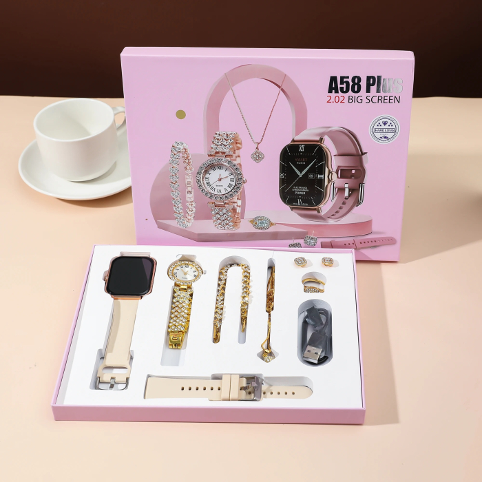 Ceas Smartwatch de dama + Ceas clasic Auriu cu pietre si Bratara, Colier, Inel si Cercei, Set de cadou, A58 plus [11]