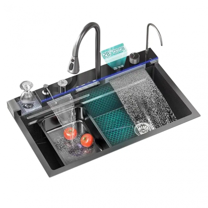 Chiuveta Multifunctionala cu Lumina LED, Afisaj Digital al temperaturii, 2 cascade, Accesorii incluse, Negru Grafit, 750 x 450 x 265 mm [1]