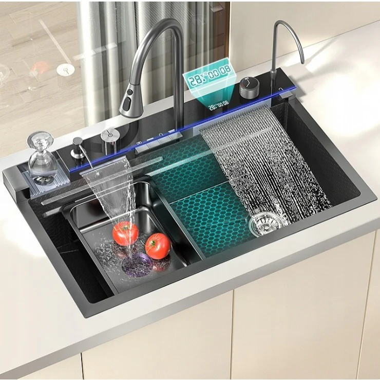 Chiuveta Multifunctionala cu Lumina LED, Afisaj Digital al temperaturii, 2 cascade, Accesorii incluse, Negru Grafit, 750 x 450 x 265 mm [6]