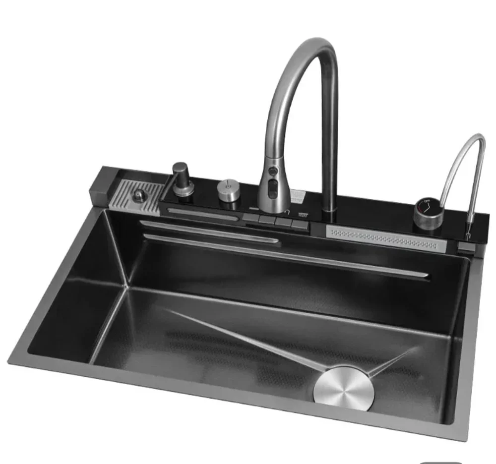 Chiuveta Multifunctionala cu Lumina LED, Afisaj Digital al temperaturii, 2 cascade, Accesorii incluse, Negru Grafit, 750 x 450 x 265 mm [14]