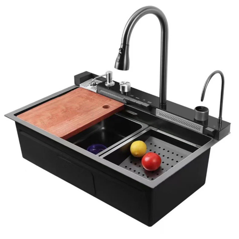 Chiuveta Multifunctionala cu Lumina LED, Afisaj Digital al temperaturii, 2 cascade, Accesorii incluse, Negru Grafit, 750 x 450 x 265 mm [5]
