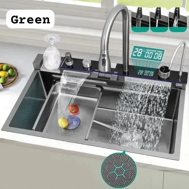 Chiuveta Multifunctionala cu Lumina LED, Afisaj Digital al temperaturii, 2 cascade, Accesorii incluse, Negru Grafit, 750 x 450 x 265 mm [8]