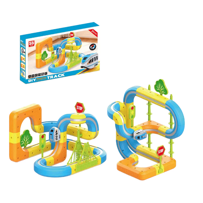Circuit Magnetic 3D pentru Copii, Monorail cu Masinuta Electrica, 55 Piese, Bucle 360°, Pod Suspendat, 3+ Ani [8]