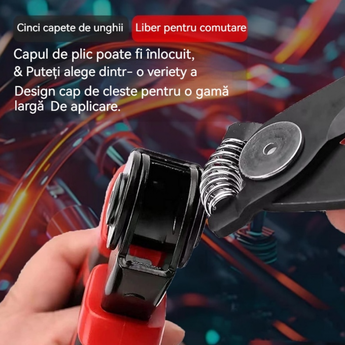 Cleste multifunctional 5 in 1 cu capete interschimbabile, Patent, Taietor Cablu, Dezizolator, Cleste Sertizare, Foarfeca de tabla, izolat electric [5]