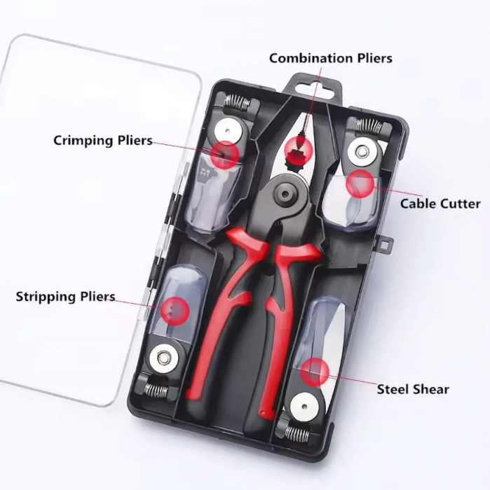 Cleste multifunctional 5 in 1 cu capete interschimbabile, Patent, Taietor Cablu, Dezizolator, Cleste Sertizare, Foarfeca de tabla, izolat electric [12]