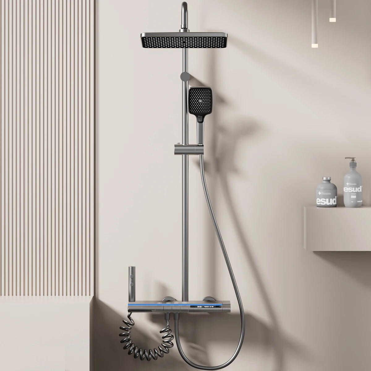 Coloana cu Baterie Dus cu Lumini LED, 4 Moduri de Curgere a apei, Premium, Crom Satinat (Gri) [3]