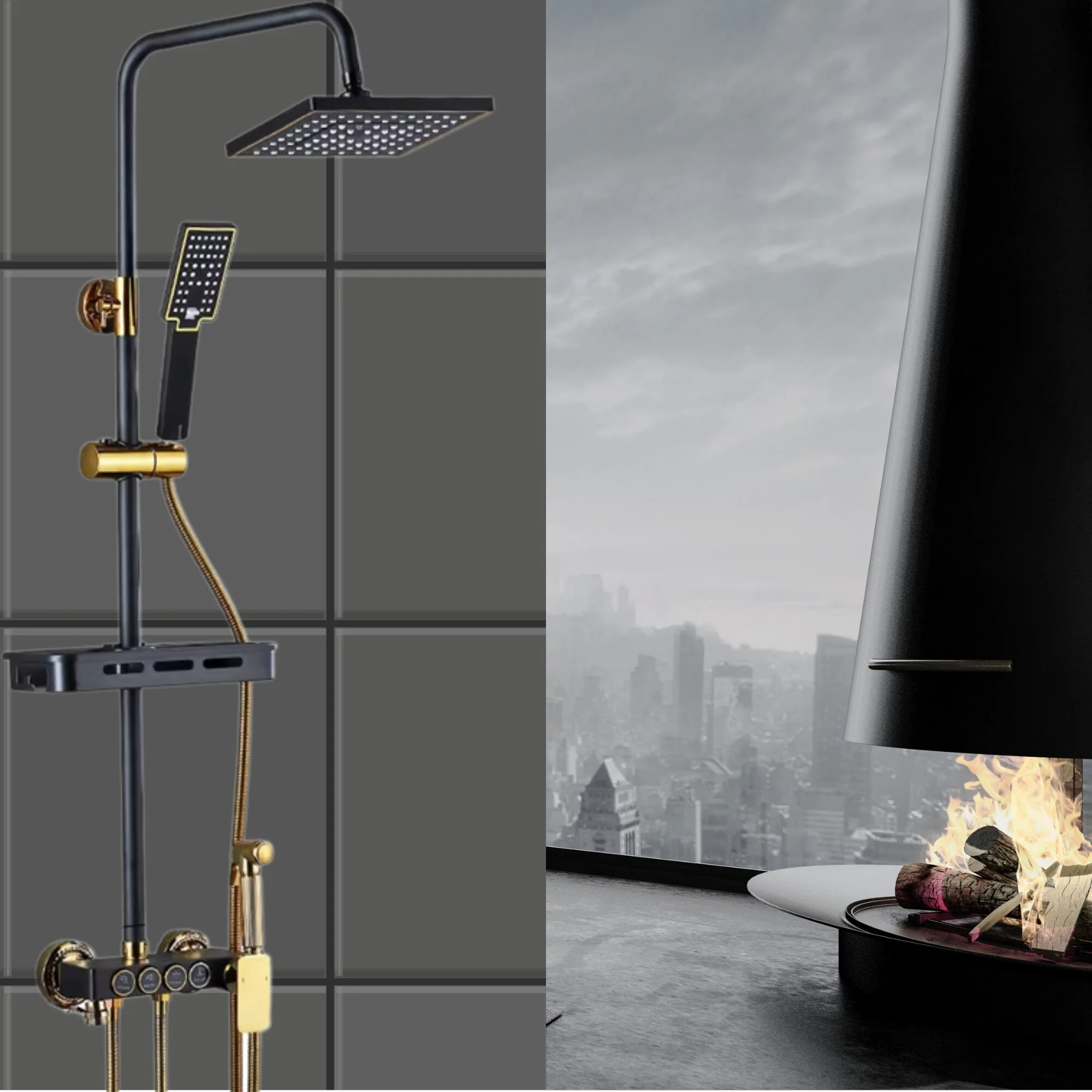 Coloana de Dus Premium, negru mat cu auriu, din alama, dus tip ploaie, dus de mana si bideu, raft accesorii, control din butoane [7]