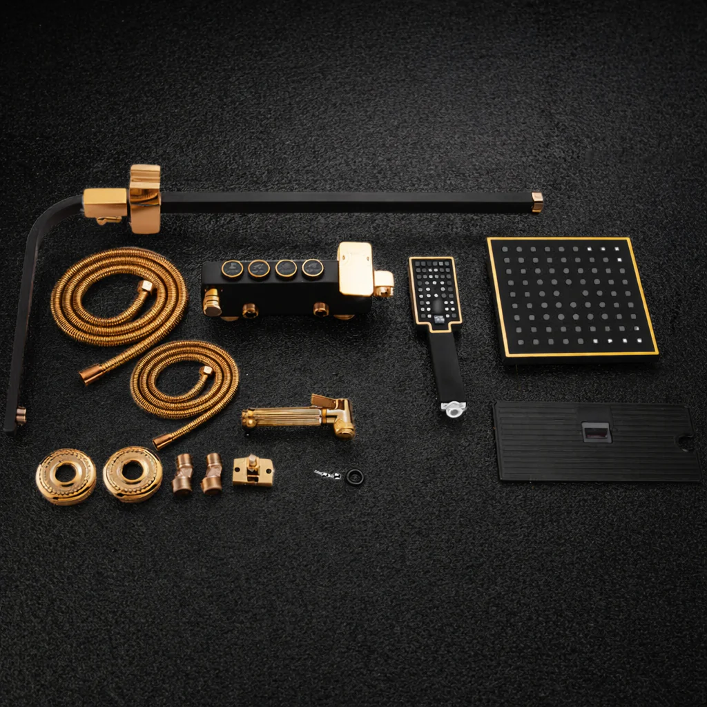 Coloana de Dus Premium, negru mat cu auriu, din alama, dus tip ploaie, dus de mana si bideu, raft accesorii, control din butoane [9]