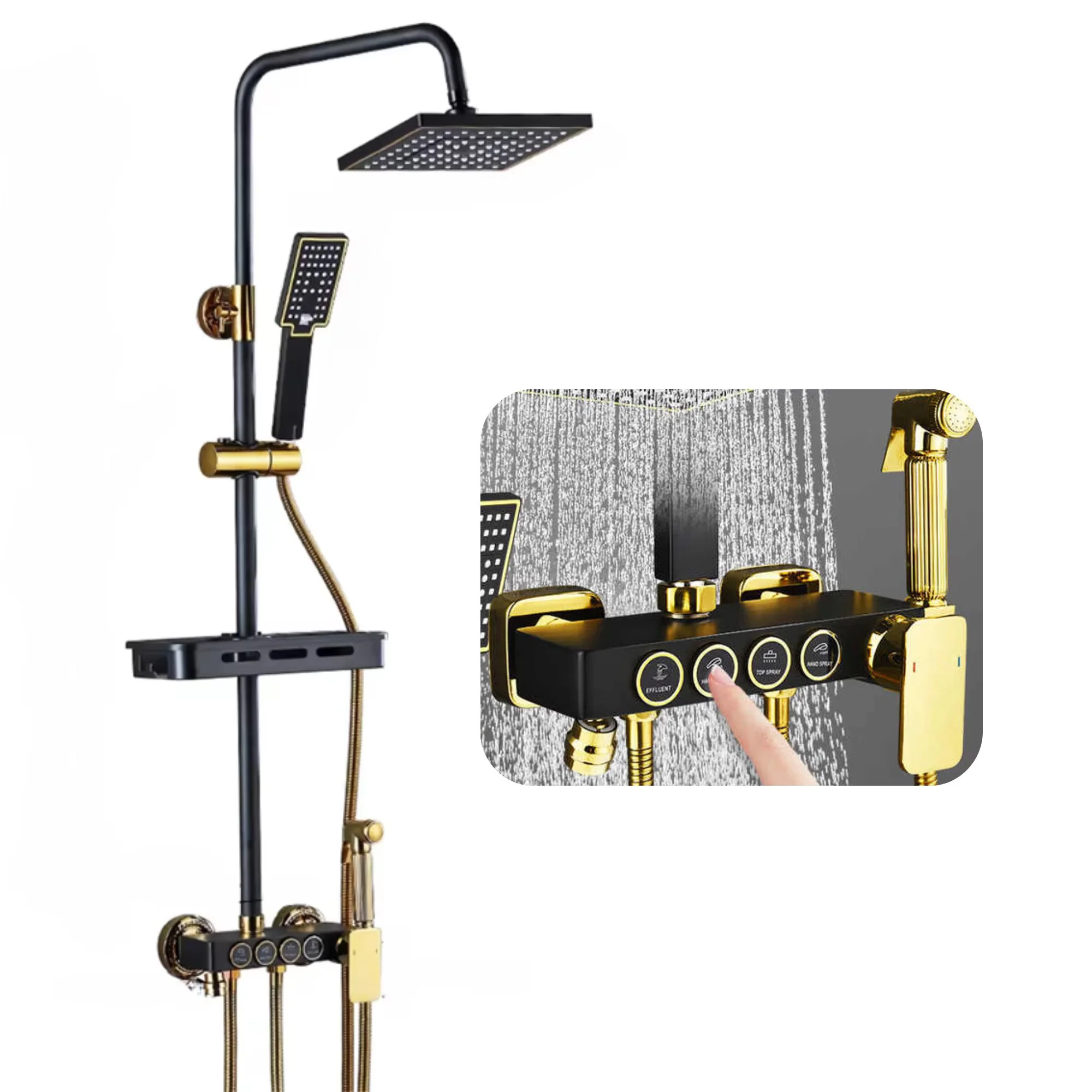 Coloana de Dus Premium, negru mat cu auriu, din alama, dus tip ploaie, dus de mana si bideu, raft accesorii, control din butoane [3]