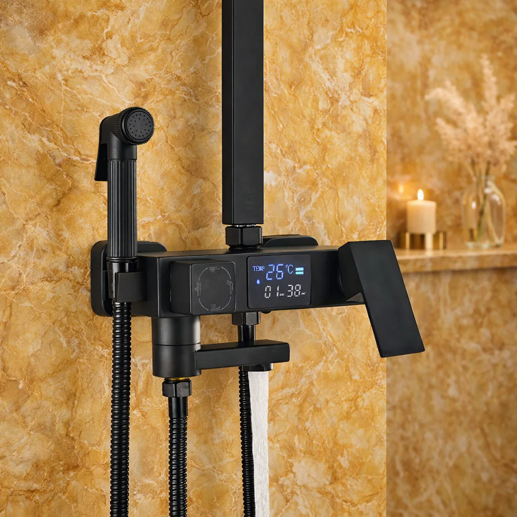 Coloana Dus cu Baterie Integrata, Bideu si Afisaj Digital LCD, 5 Functii, Inaltime Reglabila, Negru Mat, Montaj Perete [2]