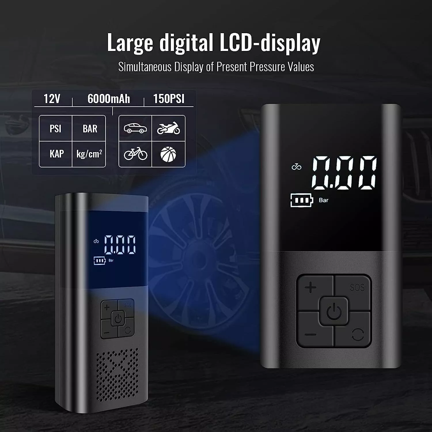 Compresor auto portabil cu acumulator, 12v, afisaj led, 150PSi, 20 bari, 4000 mAh [4]