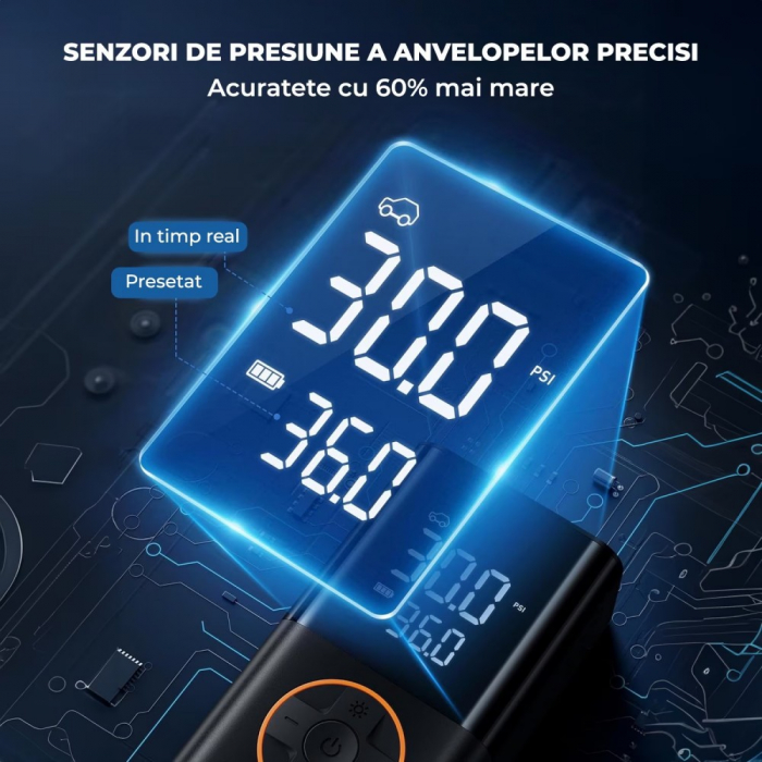 Compresor Auto Portabil, cu Ecran, 4000mAh, Baterie Externa, Lanterna [3]
