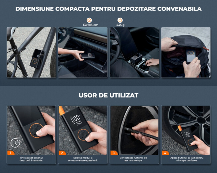 Compresor Auto Portabil, cu Ecran, 4000mAh, Baterie Externa, Lanterna [6]