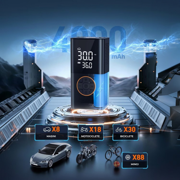 Compresor Auto Portabil, cu Ecran, 4000mAh, Baterie Externa, Lanterna [4]