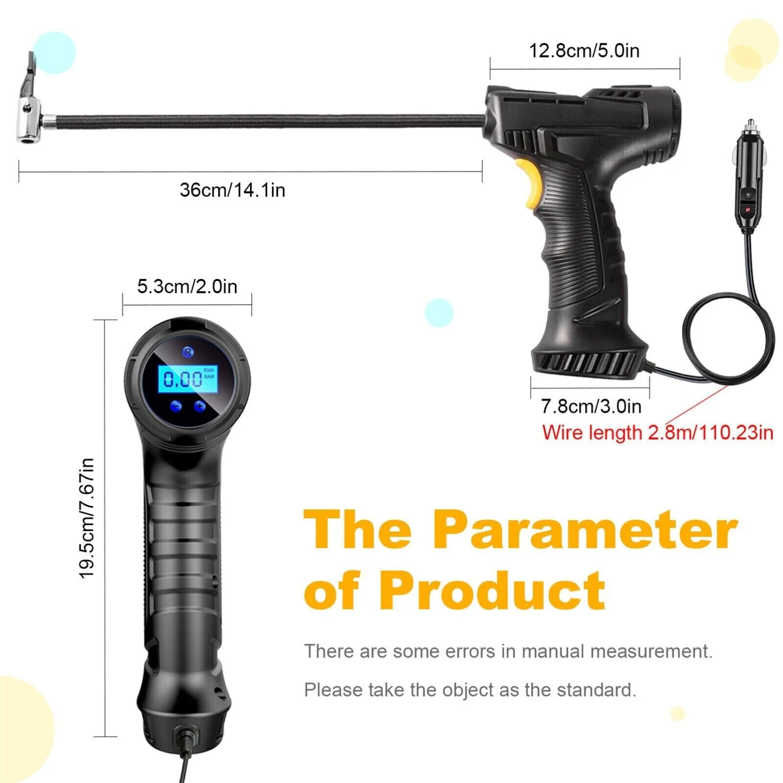 Compresor portabil multifunctional, 12V, 10 bari, afișaj digital LED, alimentare la bricheta masinii [10]
