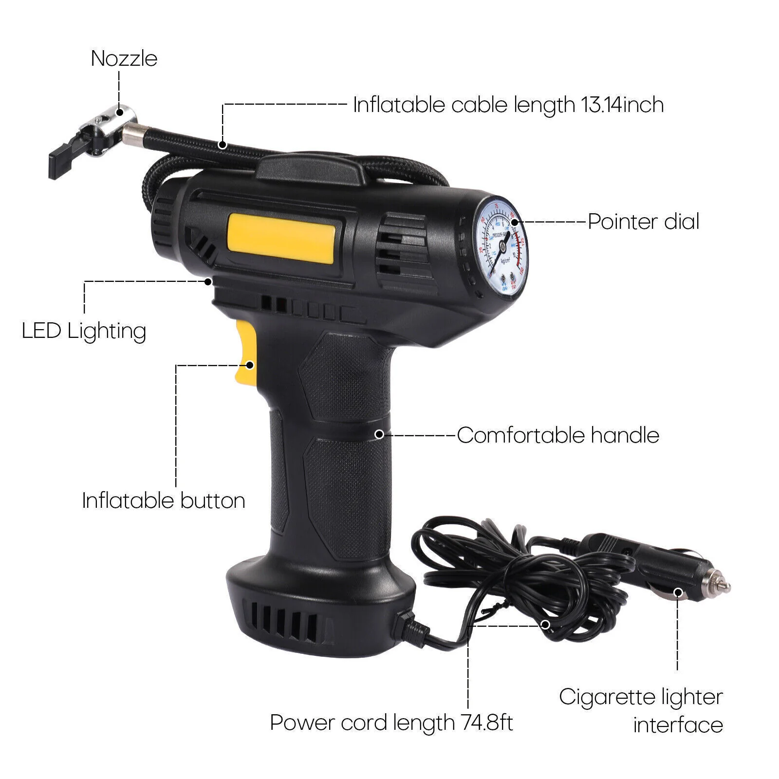 Compresor portabil multifunctional, 12V, 10 bari, afișaj digital LED, alimentare la bricheta masinii [11]