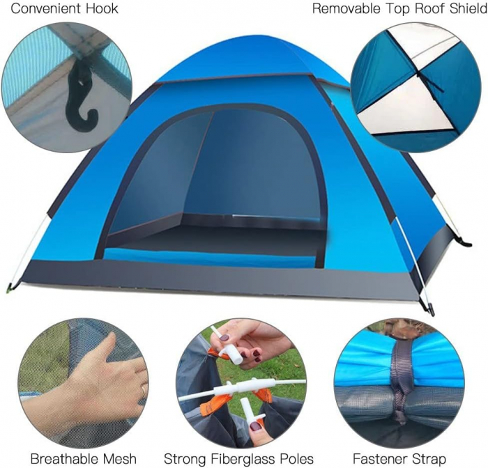 Cort camping cu deschidere automata pop-up, impermeabil, protectie UV, 2 usi, 200*150*100cm [2]