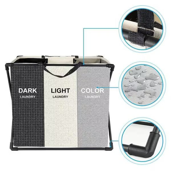 Cos de rufe murdare cu 3 compartimente, pliabil, pentru sortare si organizare haine la baie, material textil, cadru aluminiu, dimensiuni 62 x 34 x 56 cm [4]