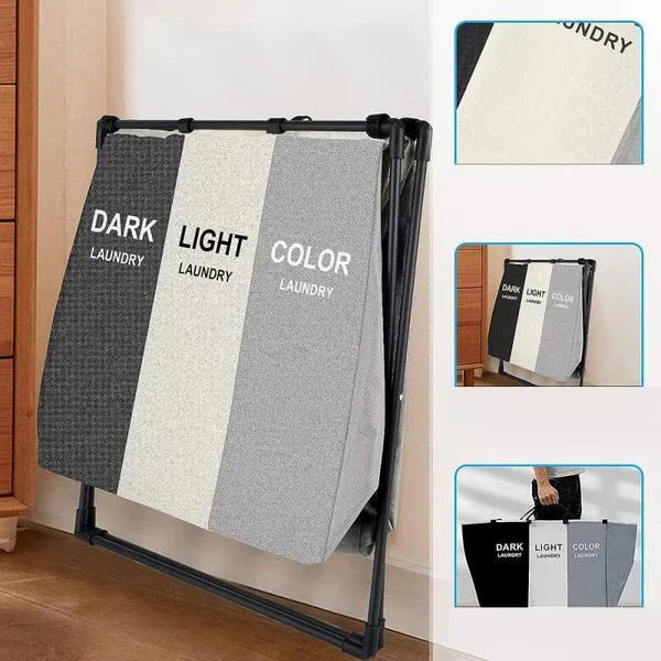 Cos de rufe murdare cu 3 compartimente, pliabil, pentru sortare si organizare haine la baie, material textil, cadru aluminiu, dimensiuni 62 x 34 x 56 cm [3]