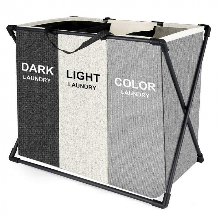 Cos de rufe murdare cu 3 compartimente, pliabil, pentru sortare si organizare haine la baie, material textil, cadru aluminiu, dimensiuni 62 x 34 x 56 cm [2]