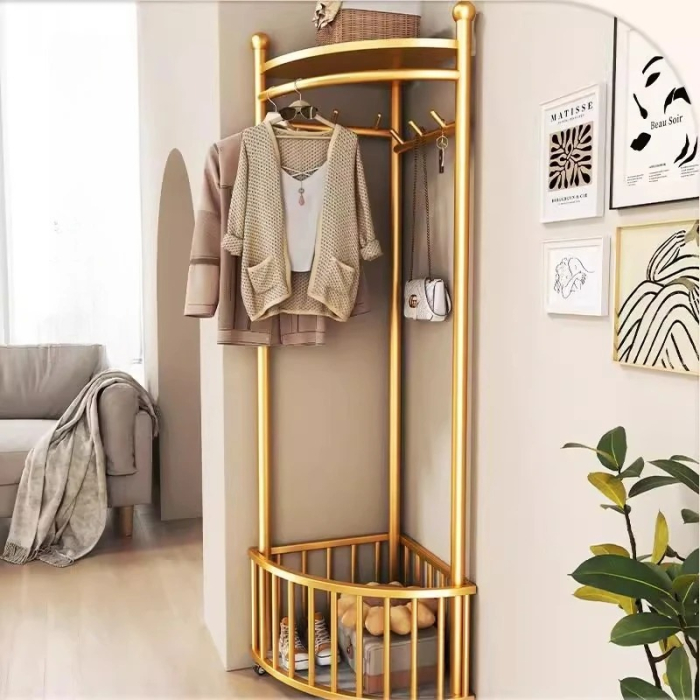 Cuier de Colt Multifunctional cu Roti, Organizator Vertical pentru Haine si Incaltaminte, Structura Metalica, Auriu [3]