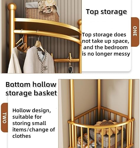 Cuier de Colt Multifunctional cu Roti, Organizator Vertical pentru Haine si Incaltaminte, Structura Metalica, Auriu [6]