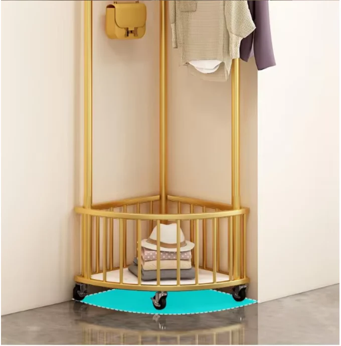 Cuier de Colt Multifunctional cu Roti, Organizator Vertical pentru Haine si Incaltaminte, Structura Metalica, Auriu [7]