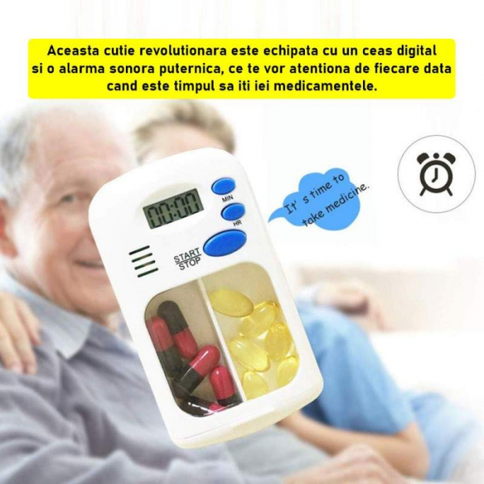 Cutie Depozitare Pastile cu Sonerie, Ceas Si Alarma Pentru Atentionare Ora, pentru medicamente [3]