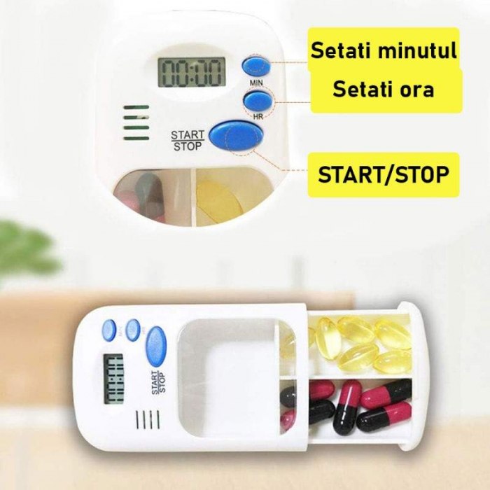Cutie Depozitare Pastile cu Sonerie, Ceas Si Alarma Pentru Atentionare Ora, pentru medicamente [2]