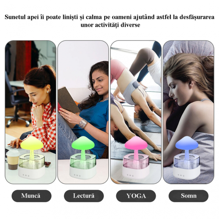 Difuzor Aromaterapie 4 in 1, Sunete picaturi apa, 7 culori, forma de ciuperca, Varianta MARE, Alb [7]