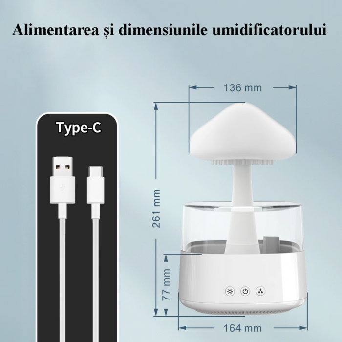 Difuzor Aromaterapie 4 in 1, Sunete picaturi apa, 7 culori, forma de ciuperca, Varianta MARE, Alb [12]