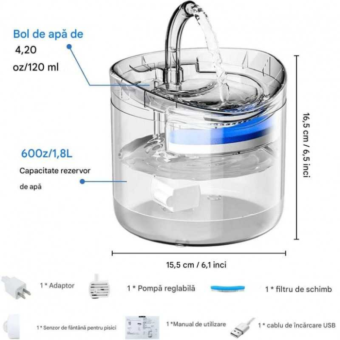 Dispenser Apa pentru Pisici si Caini, tip Fantana, Ultra-Silentioasa, Sistem filtrare cu Carbune Activ, Recirculare [10]