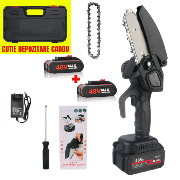 Drujba cu 2 Acumulatori 48V, fierastrau cu lant, lama 6 inch/15 cm, Li-Ion, valiza transport CADOU [1]