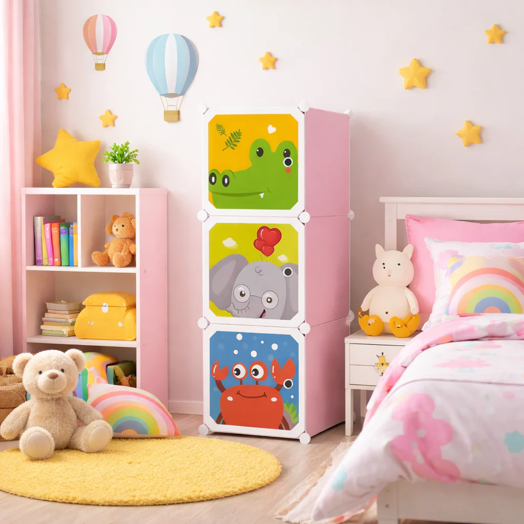 Dulap Modular pentru Copii cu Desene Animate, 3 Compartimente, Organizator Haine si Jucarii, Design Colorat, Montaj Rapid [7]