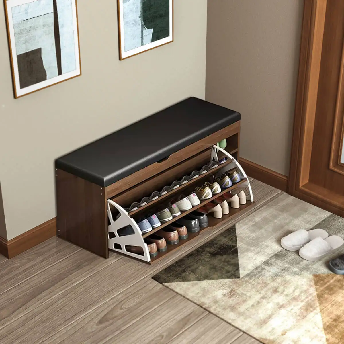 Dulap pentru Pantofi tip Bancheta, Sezut cu Spatiu Depozitare, 3 Dimensiuni, Maro [2]