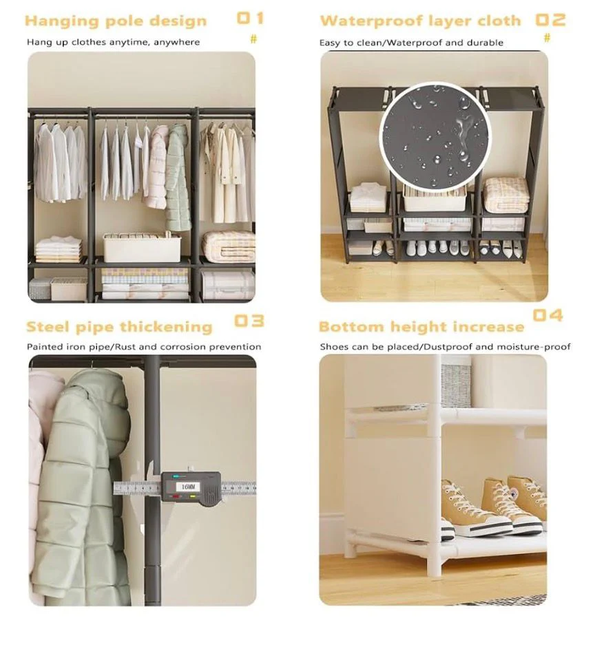 Dulap textil pentru haine cu bara si rafturi, 170x130x36 cm, organizator dressing, spatiu depozitare mare [3]