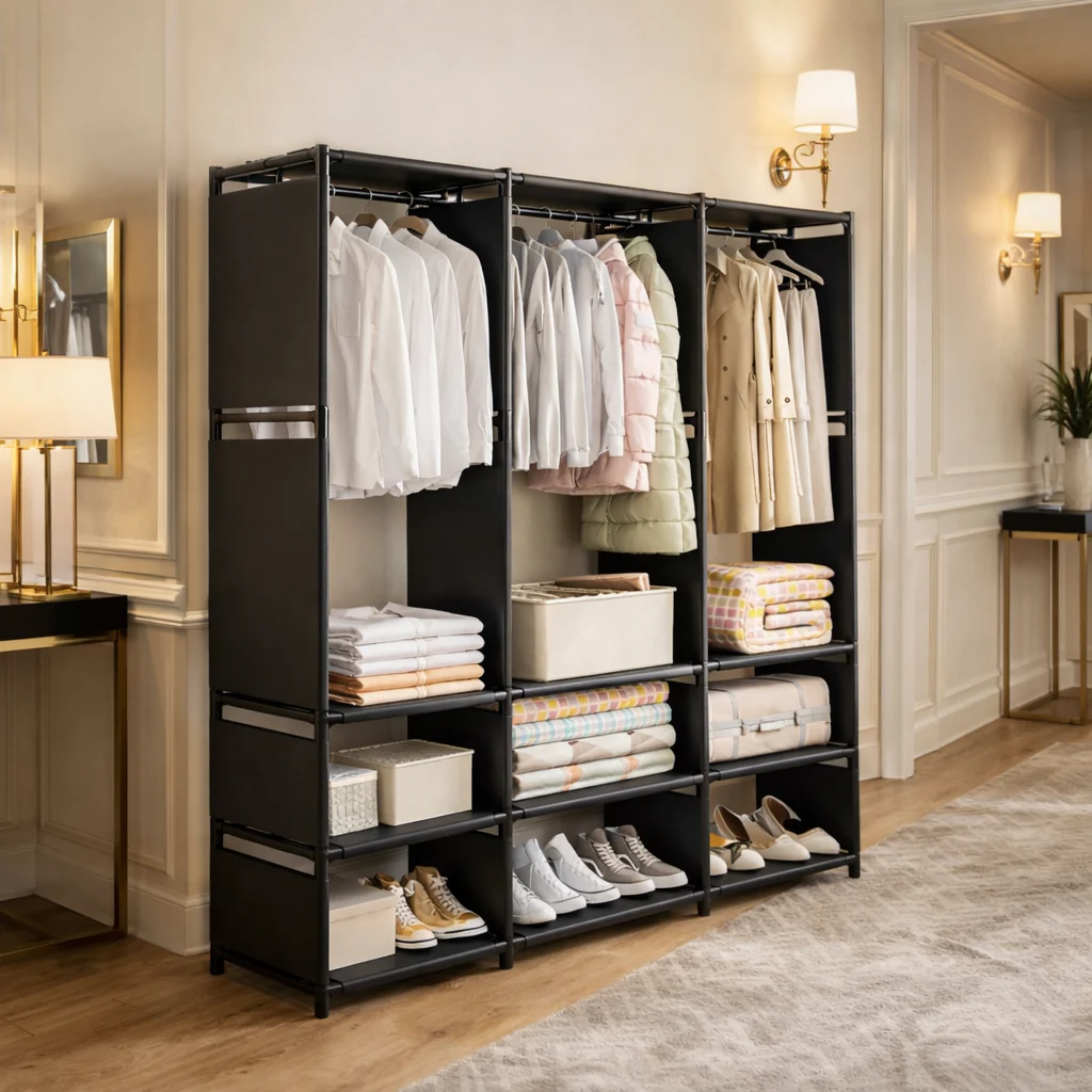 Dulap textil pentru haine cu bara si rafturi, 170x130x36 cm, organizator dressing, spatiu depozitare mare [2]