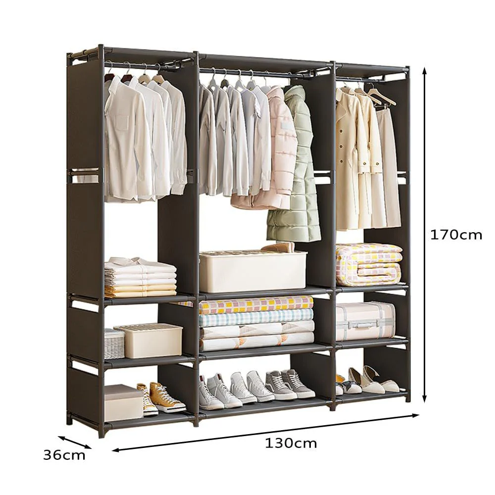 Dulap textil pentru haine cu bara si rafturi, 170x130x36 cm, organizator dressing, spatiu depozitare mare [4]
